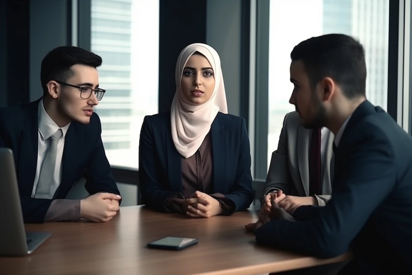 Three business professionals in conversation at a meeting table